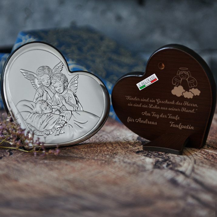 Geschenk des Herrn - Engel mit Kindern - Herz - Silbernes Bild mit Gravur